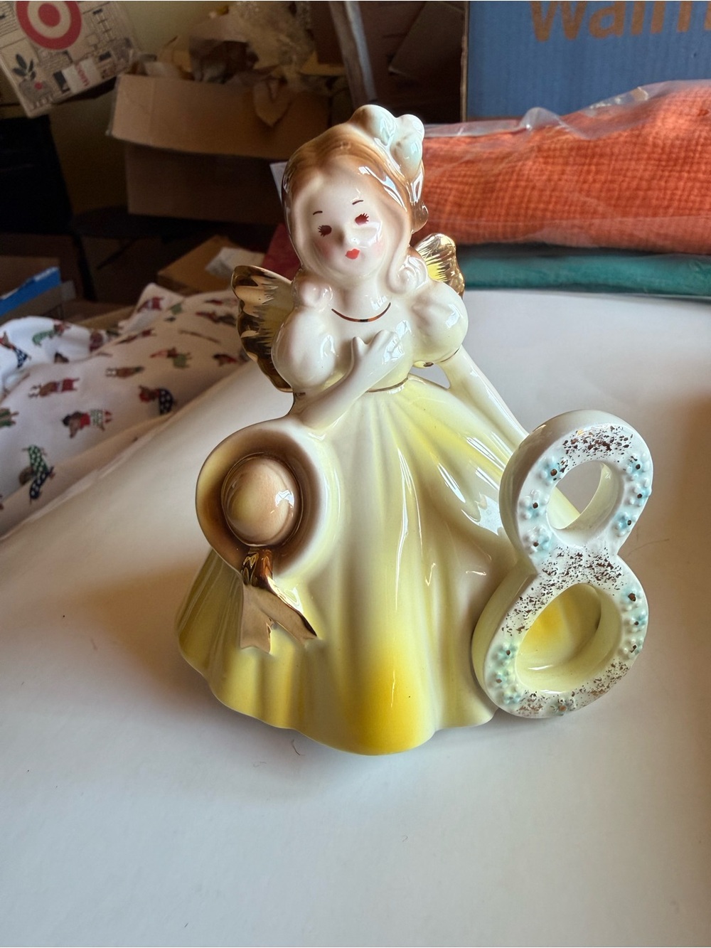 Vintage Josef Originals Birthday Girl Figurine Age 8 Angel Yellow Dress Gold